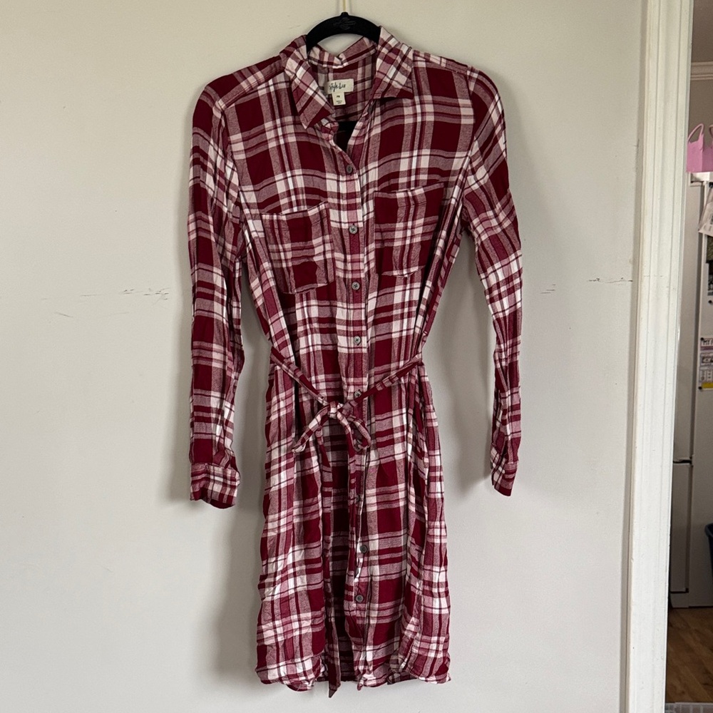 Style‎ & Co Red Plaid Flannel Shirt Dress Petite Medium Tie Waist Cozy